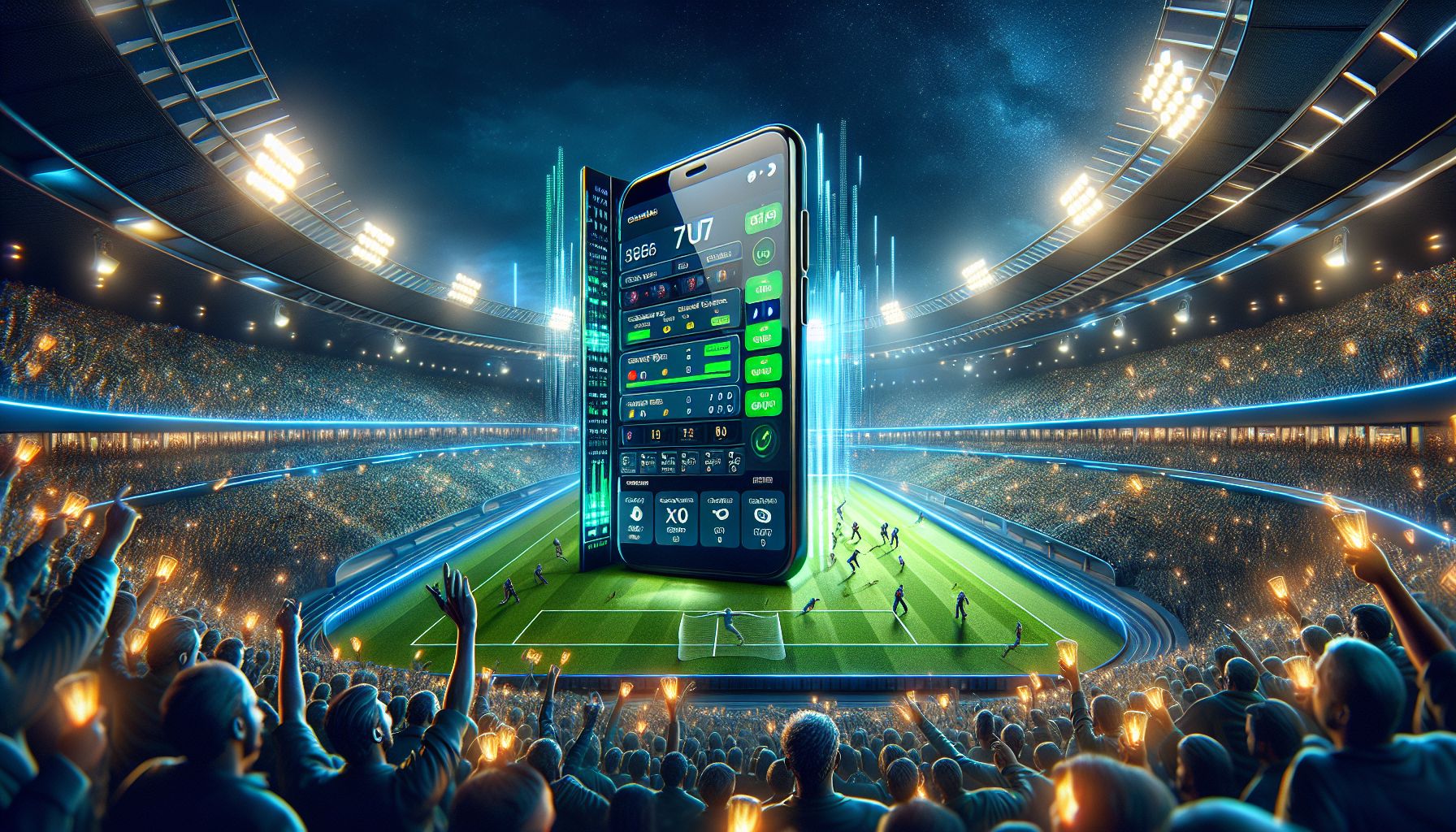 Bangladesh sports bettor checking live odds on mobile during a high-energy cricket match under bright stadium lights