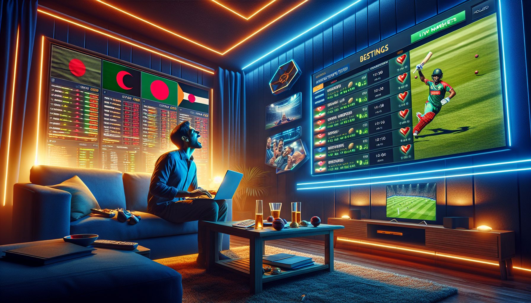 Focused Bangladesh user using phone and laptop to follow 7U7 live betting during cricket and football action