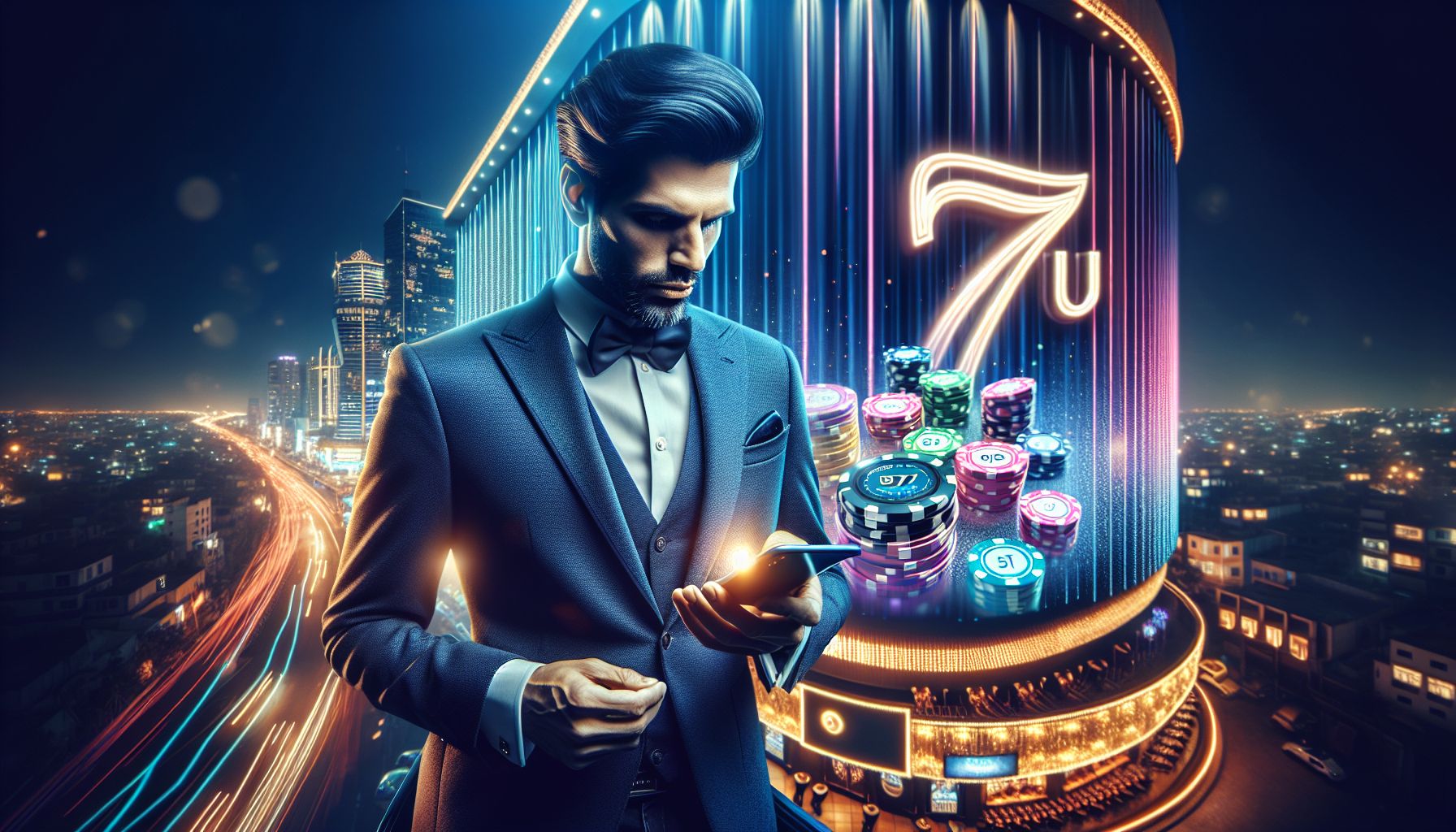Bangladesh player using a glowing mobile device with vivid casino visuals and bright digital effects inspired by 7U7
