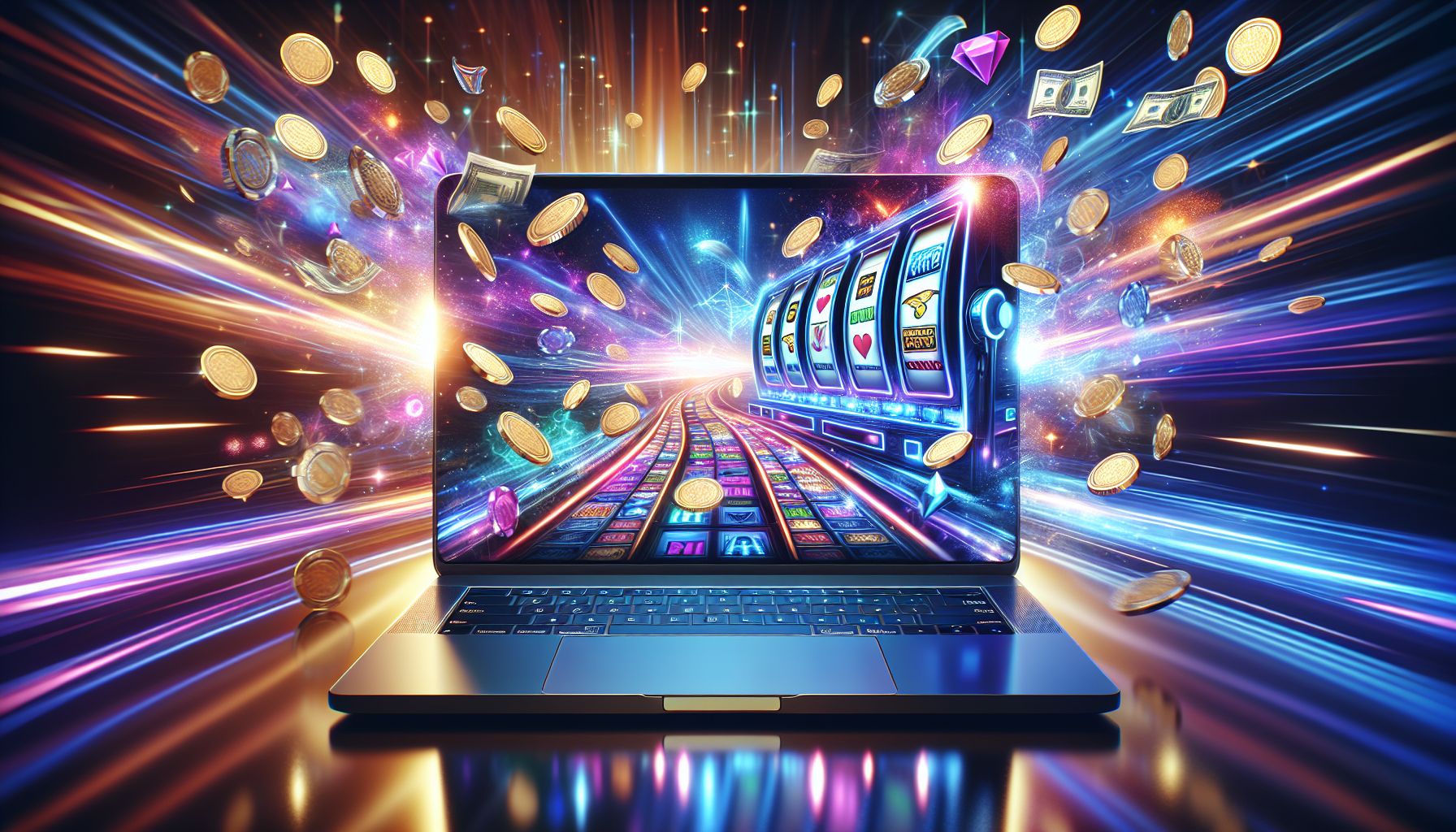 Laptop display filled with colorful game icons, bright coin effects and modern casino visuals representing the 7U7 experience in Bangladesh