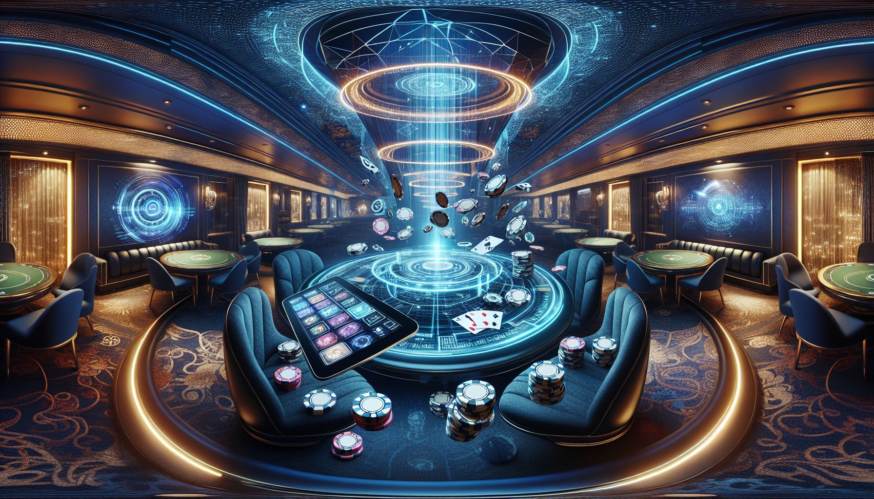 Confident gamer in a neon-lit setting with floating cards, coins and digital game effects reflecting the bold 7U7 atmosphere