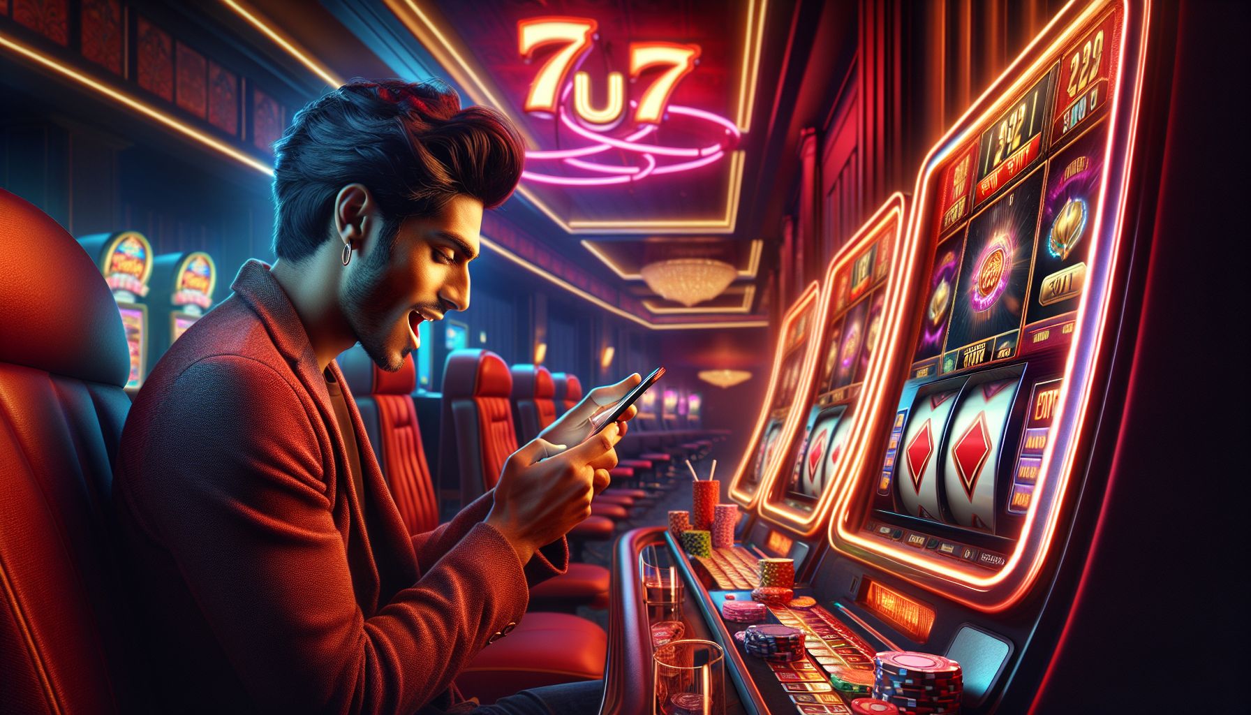 Bangladeshi player enjoying colorful mobile slot gameplay with bright lights and immersive casino visuals at 7U7