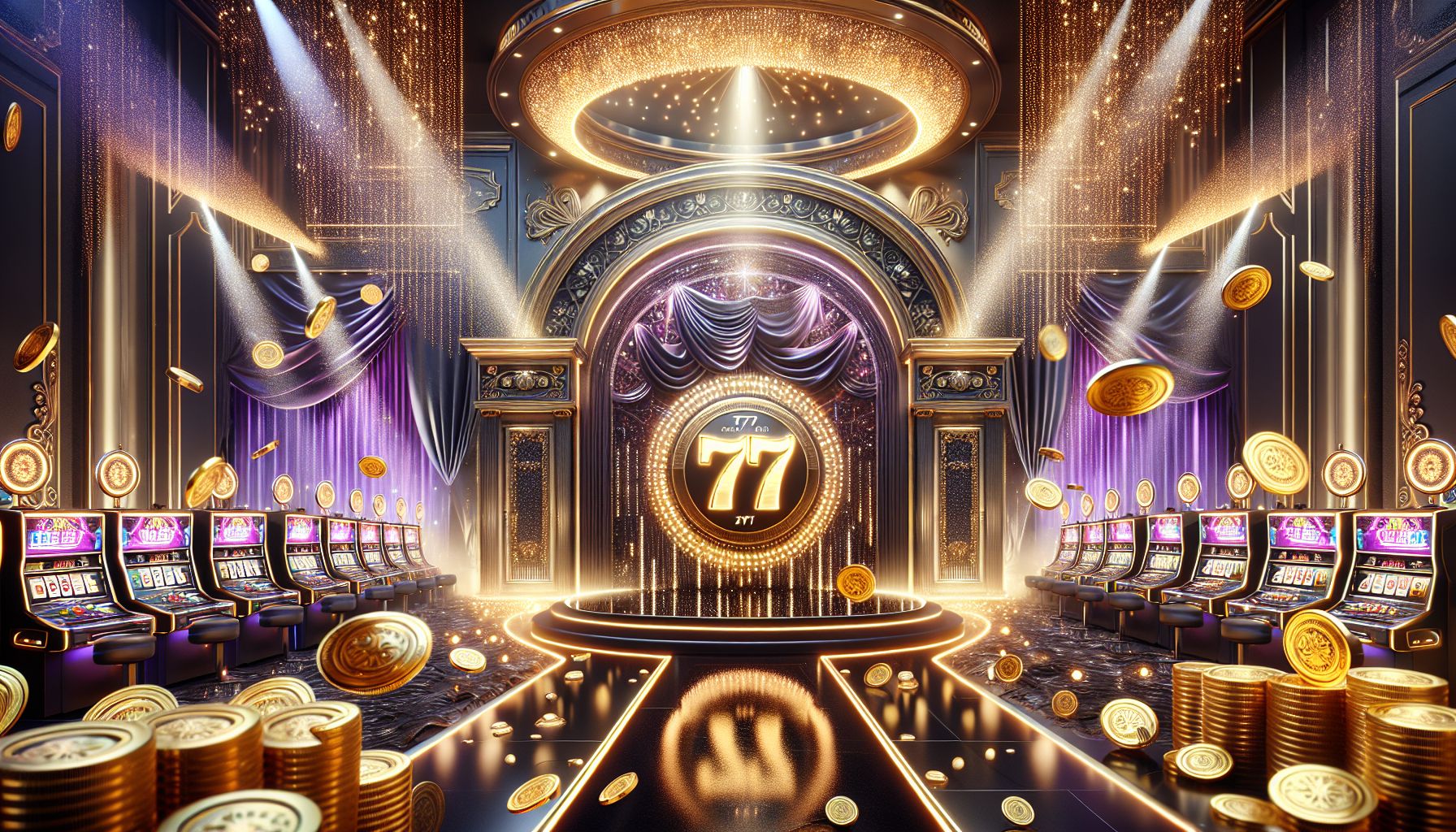 Luxury slot reels with glowing sevens, shining coins, and dramatic lighting creating a high-energy win atmosphere